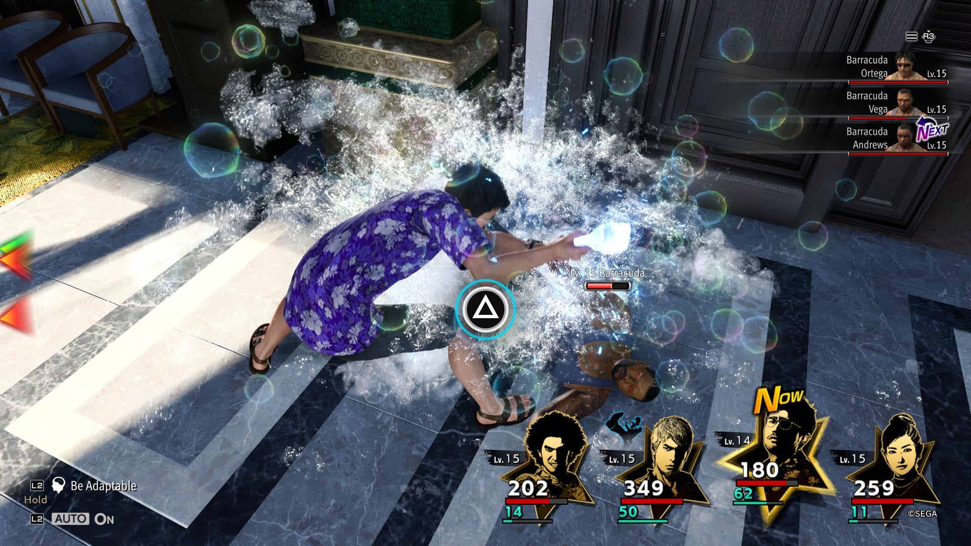 Characters use a variety of unconventional weapons, such as a bucket of soapy water and a brush.