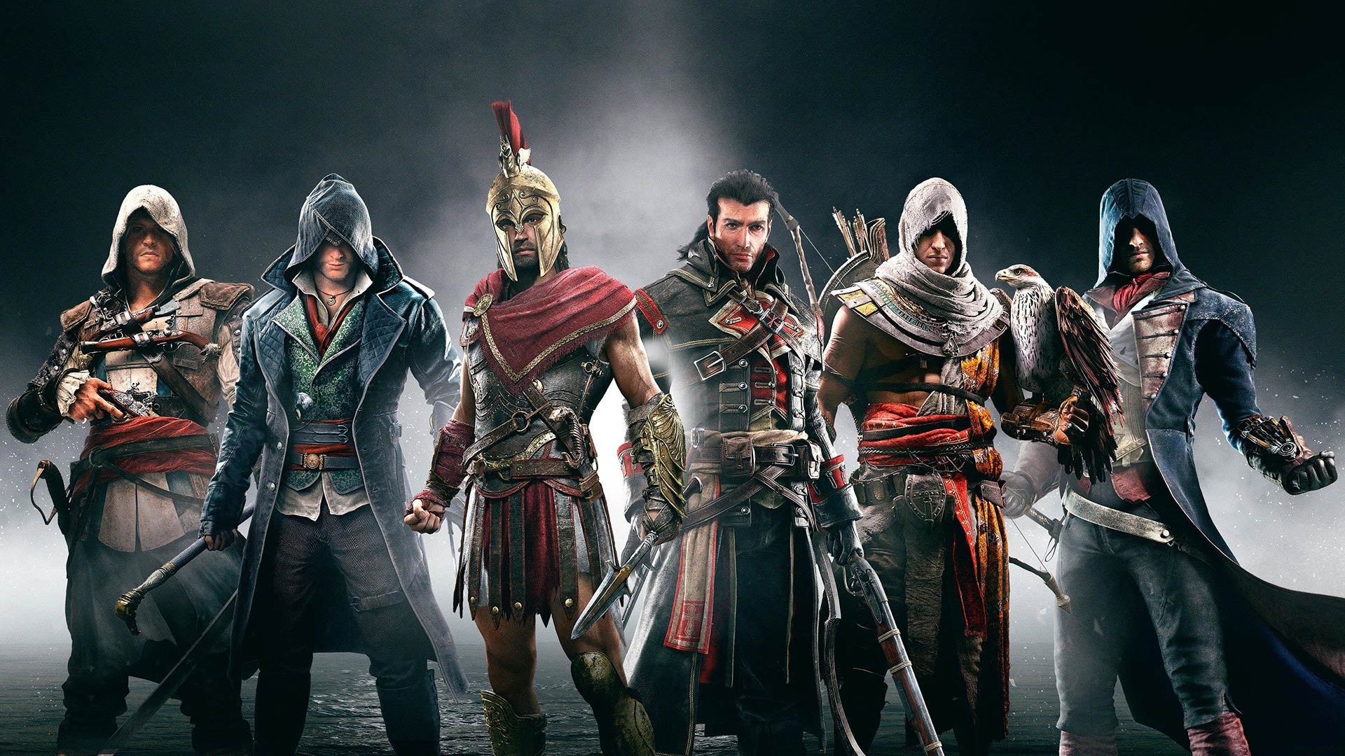 Assassins stand in a row.