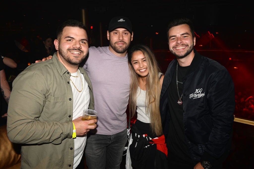 Jack âCouRageâ Dunlop, Scooter Braun, Rachell âValkyraeâ Hofstetter and Matthew Haag (R) attend 100 Thieves x Totinoâs presents Lil Dicky at Omnia Nightclub on September 26, 2019 in San Diego, California.