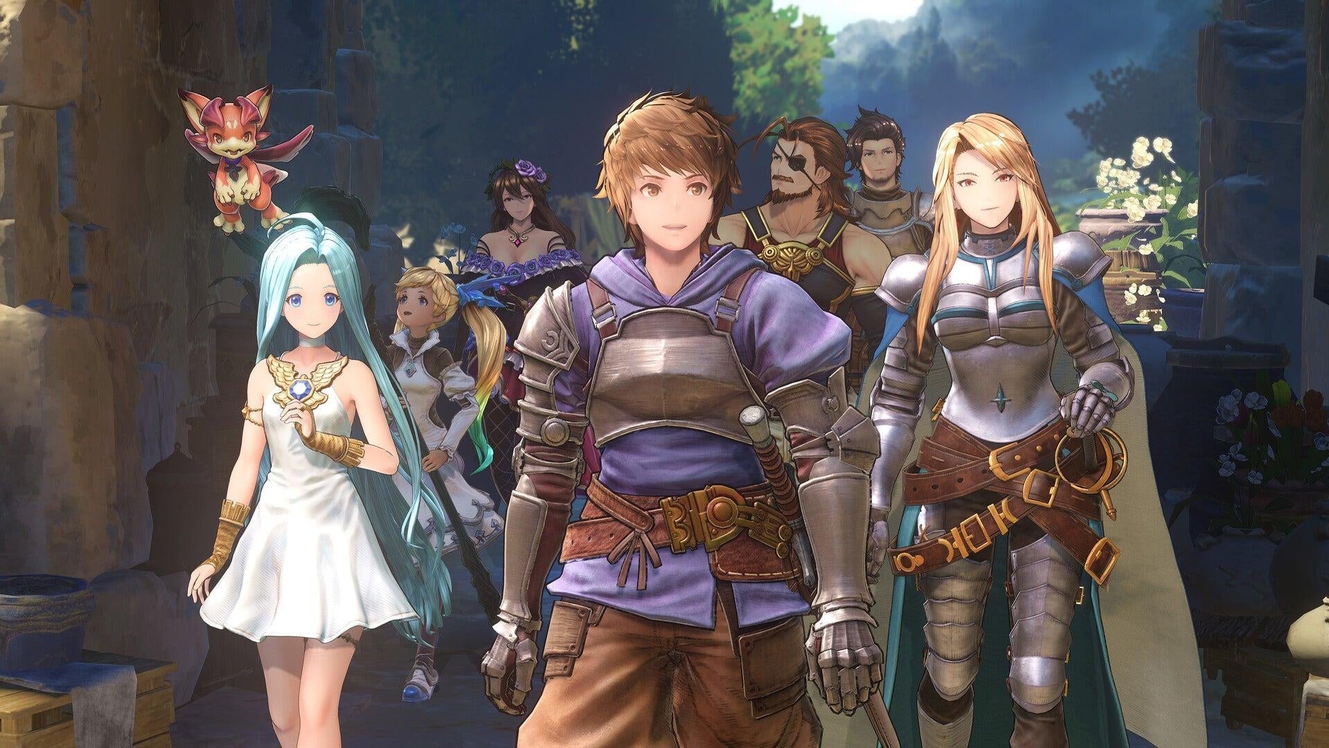 JRPG characters walk in a forest.