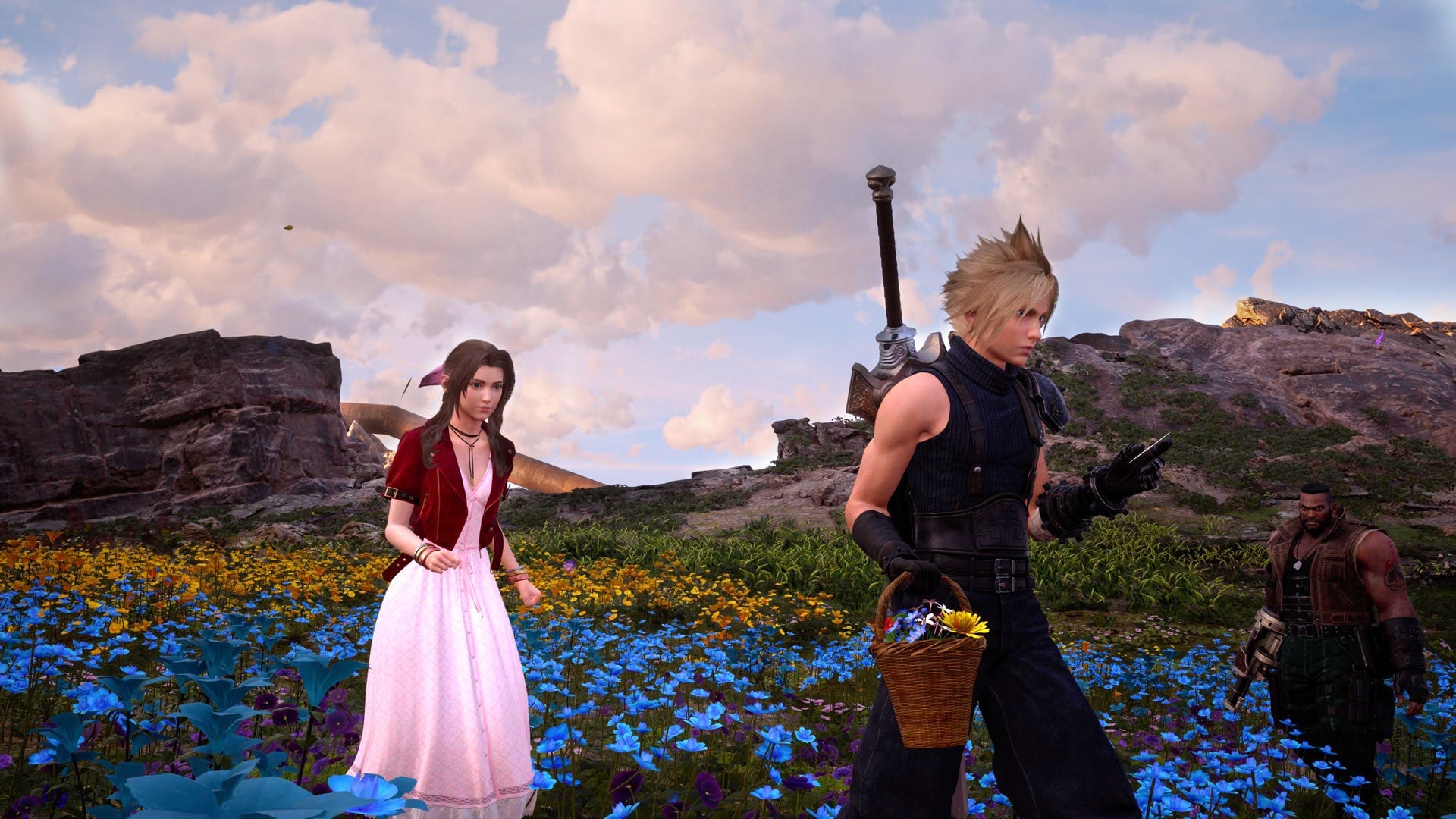 Cloud and Aerith collect flowers.