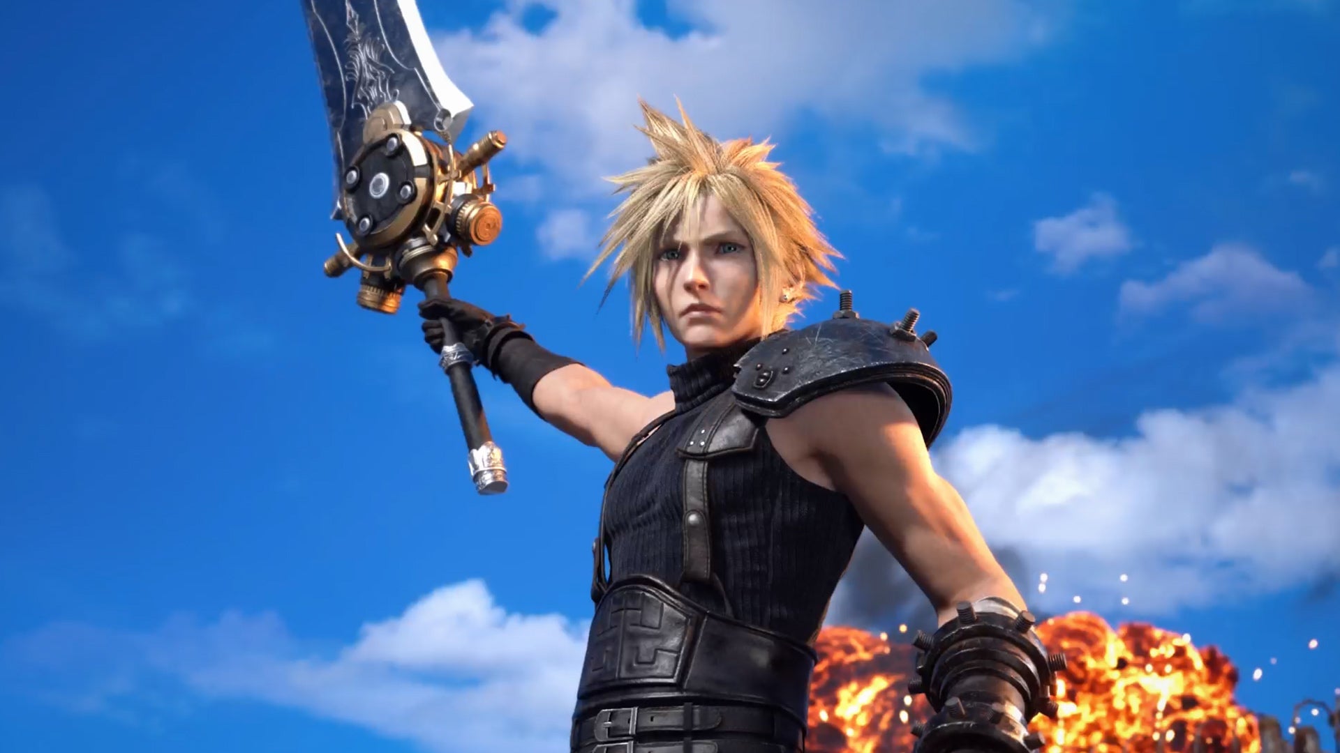 Cloud holds up his sword.