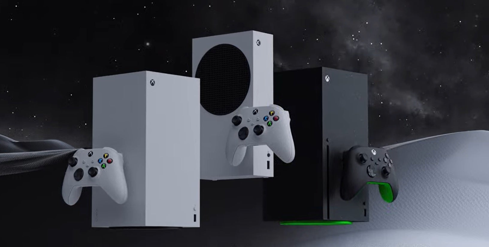 Xbox consoles float in space.