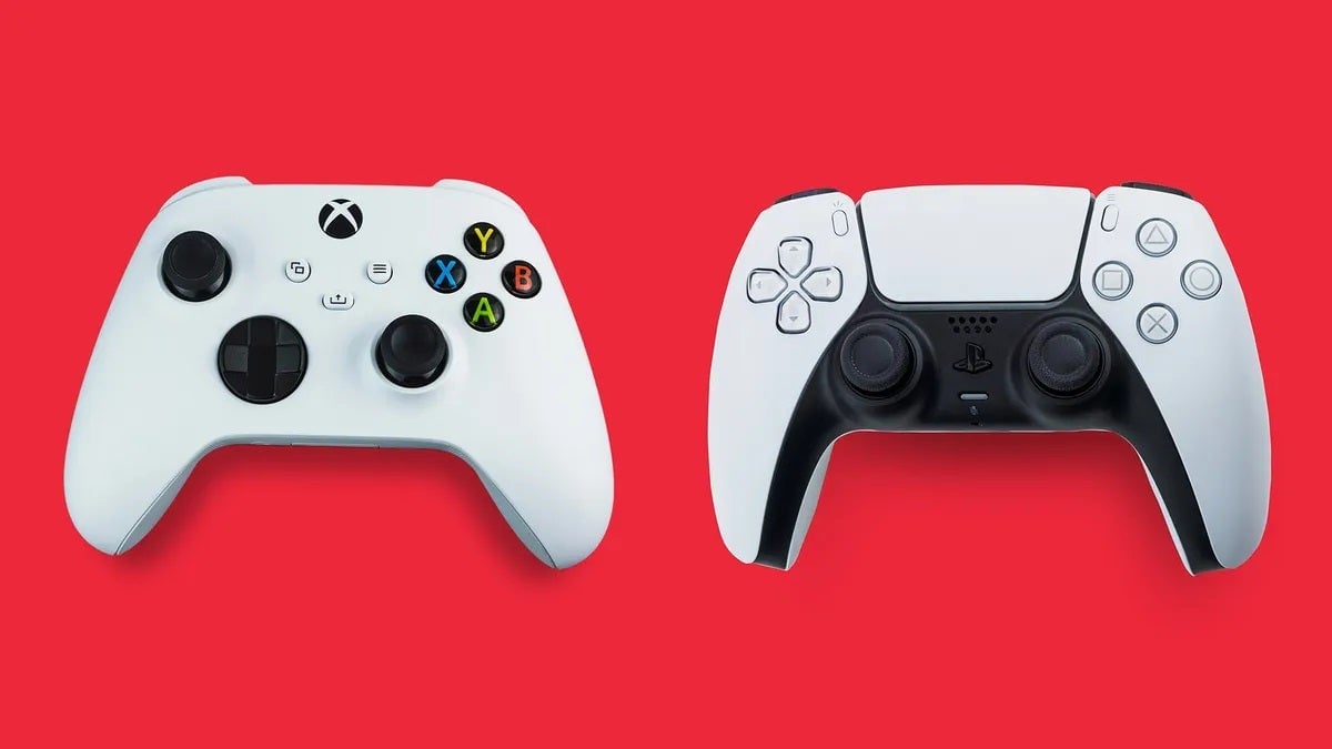 An Xbox controller sits alongside a DualSense in front of a red background.