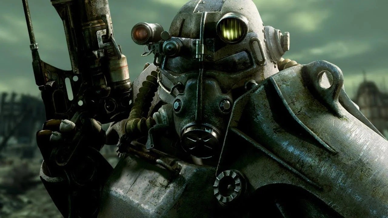 Someone in Power Armor holds up a gun.