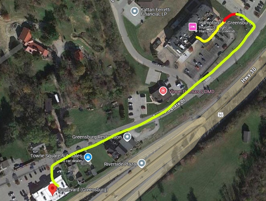 Leno’s path to the Boulevard from his hotel. The red section marks his fall. 