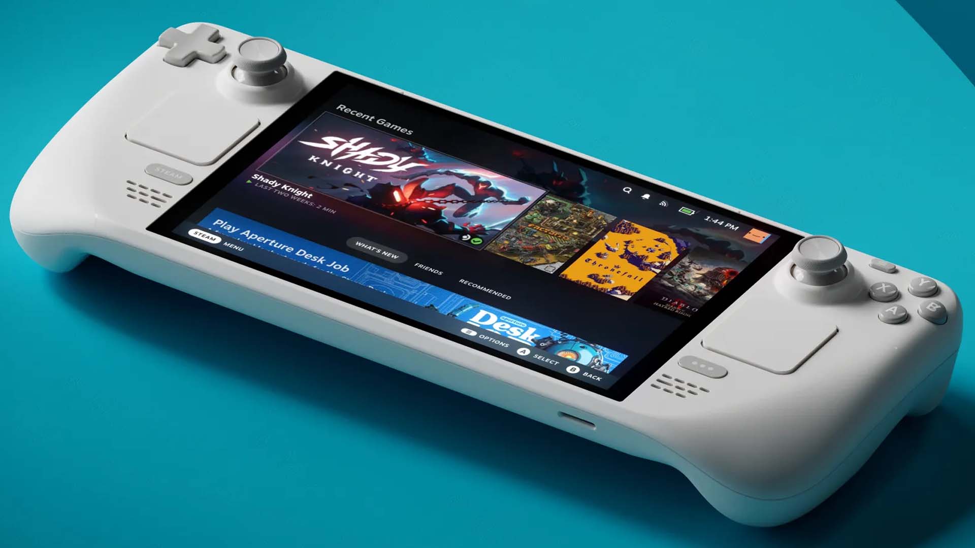 A Steam Deck sits on a table.