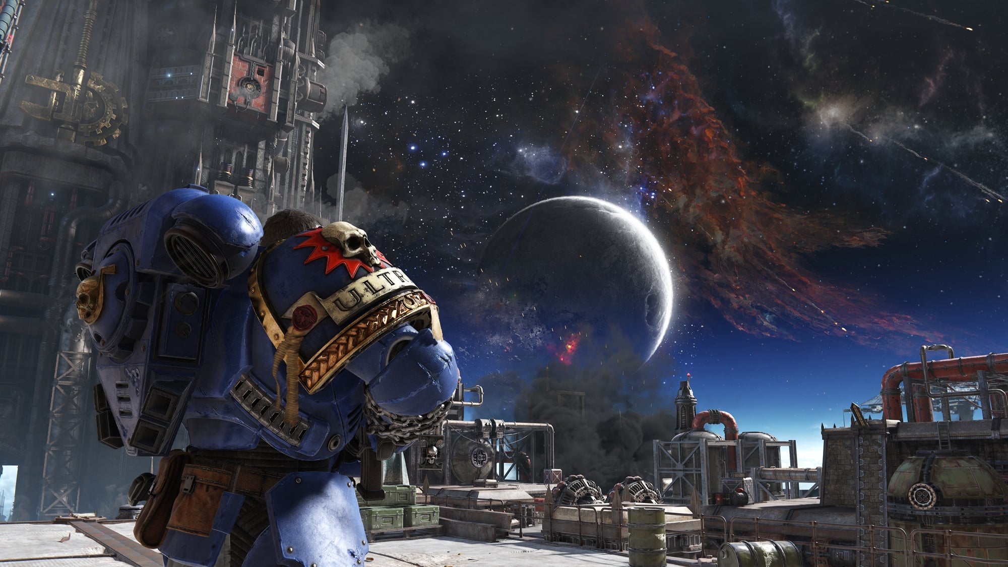 A Space Marine looks out at space.