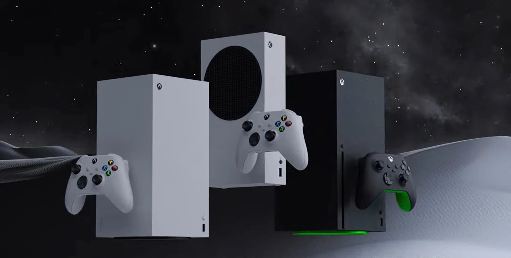 Xbox consoles float in space.
