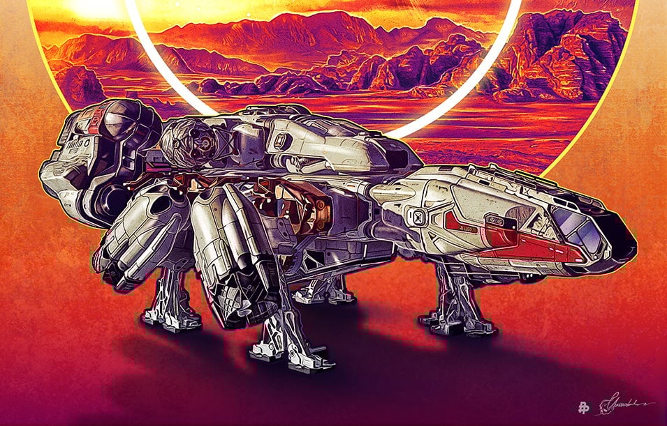 A ship appears beneath a red planet.