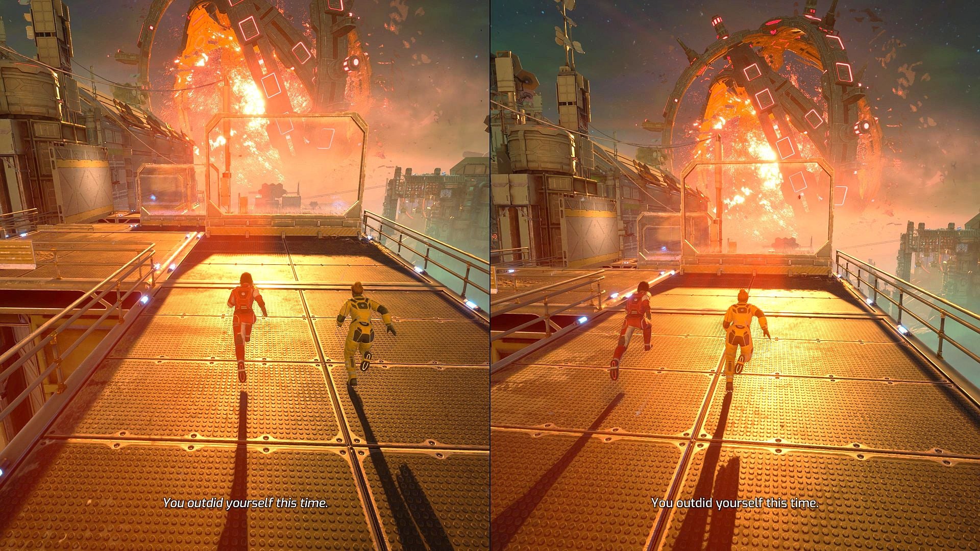 Kids run along a sci-fi highway. 