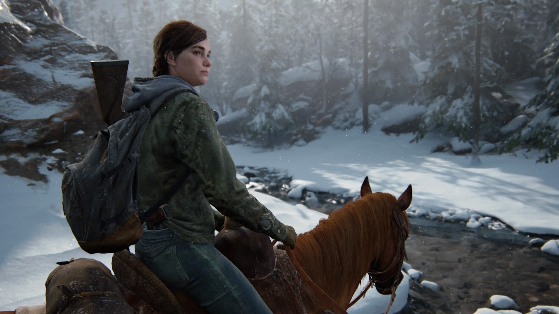 Ellie rides a horse in the snow.