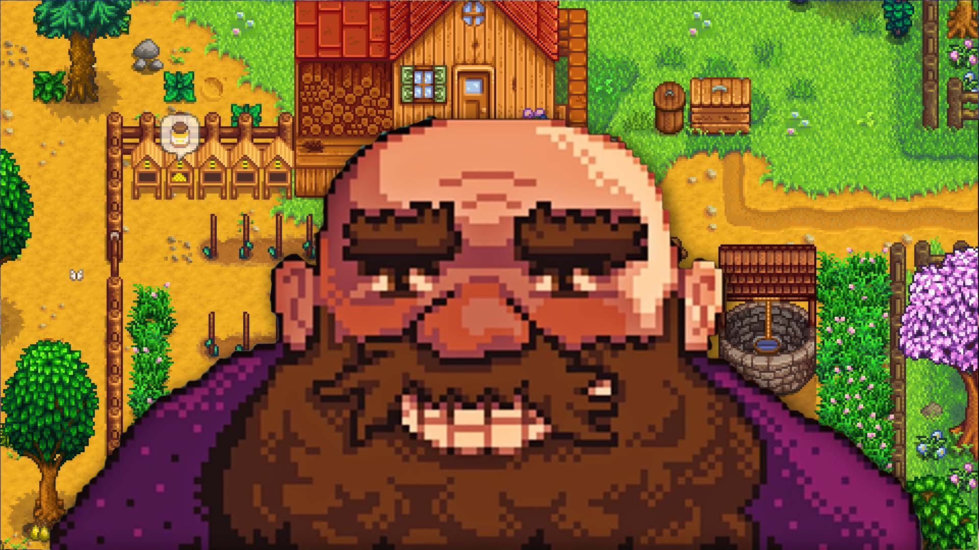 A pixel sprite man appears in front of a farm.