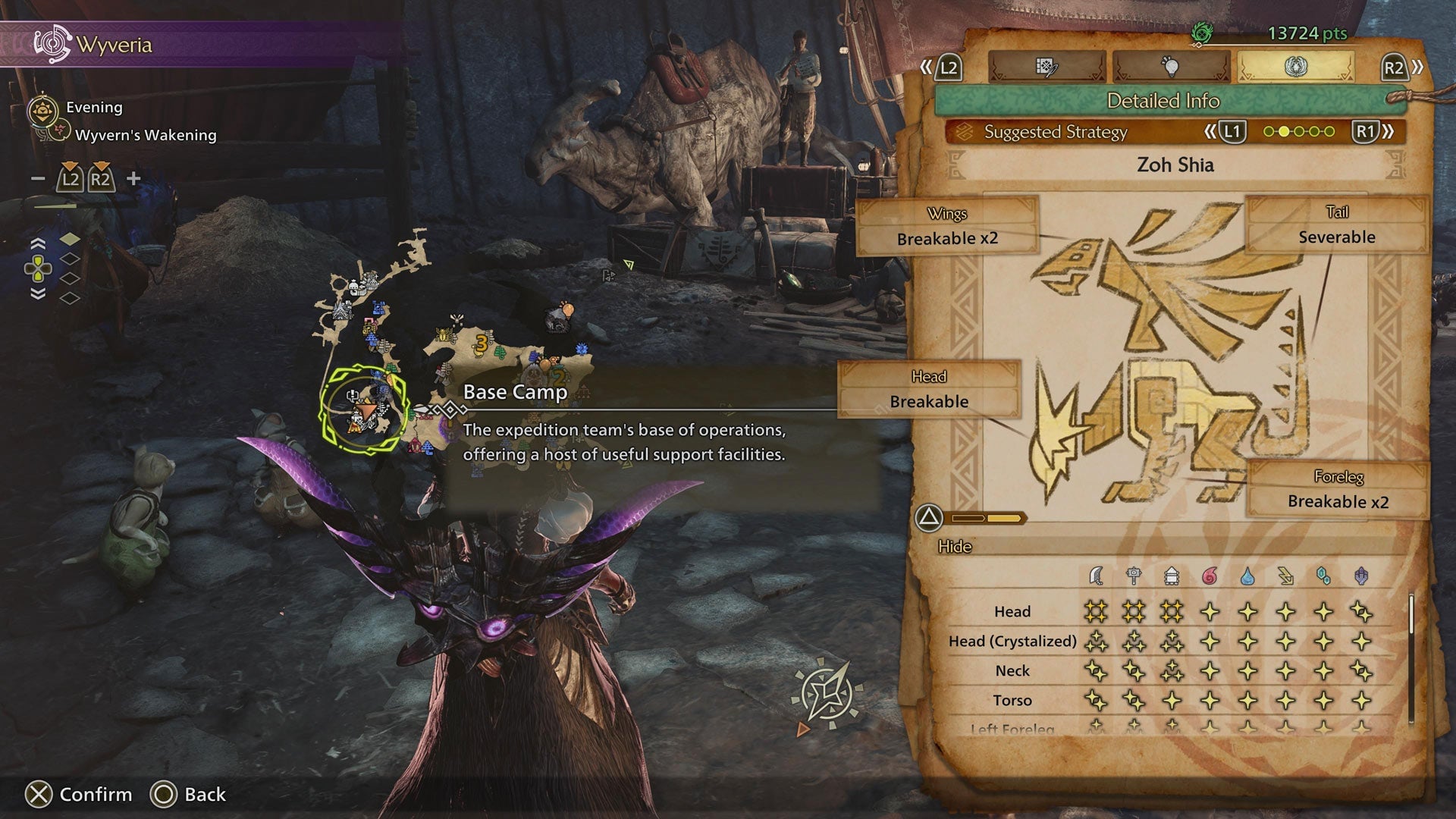 Screenshot: Zoh Shia’s suggested strategy screen, showing which body parts are breakable.