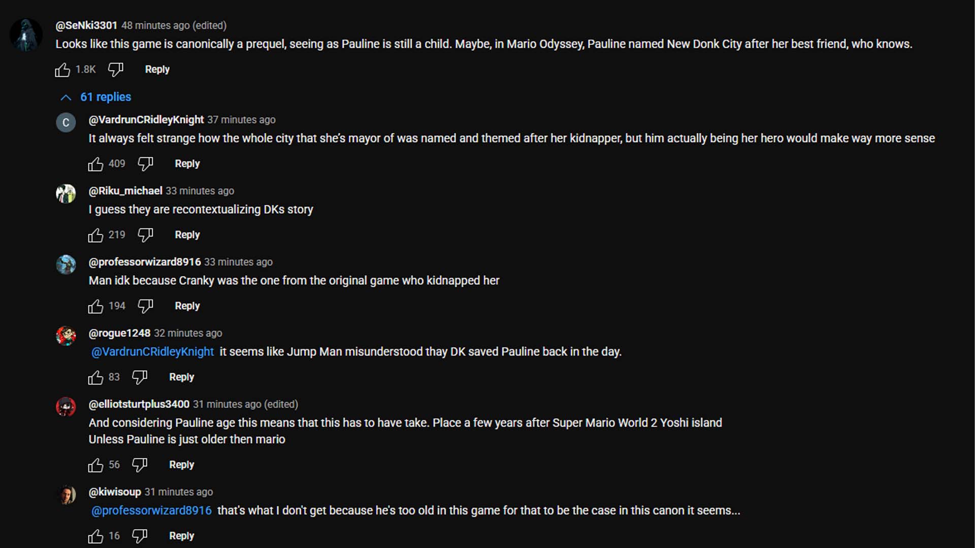 YouTube comments debating DK Bananza’s place in the lore. 