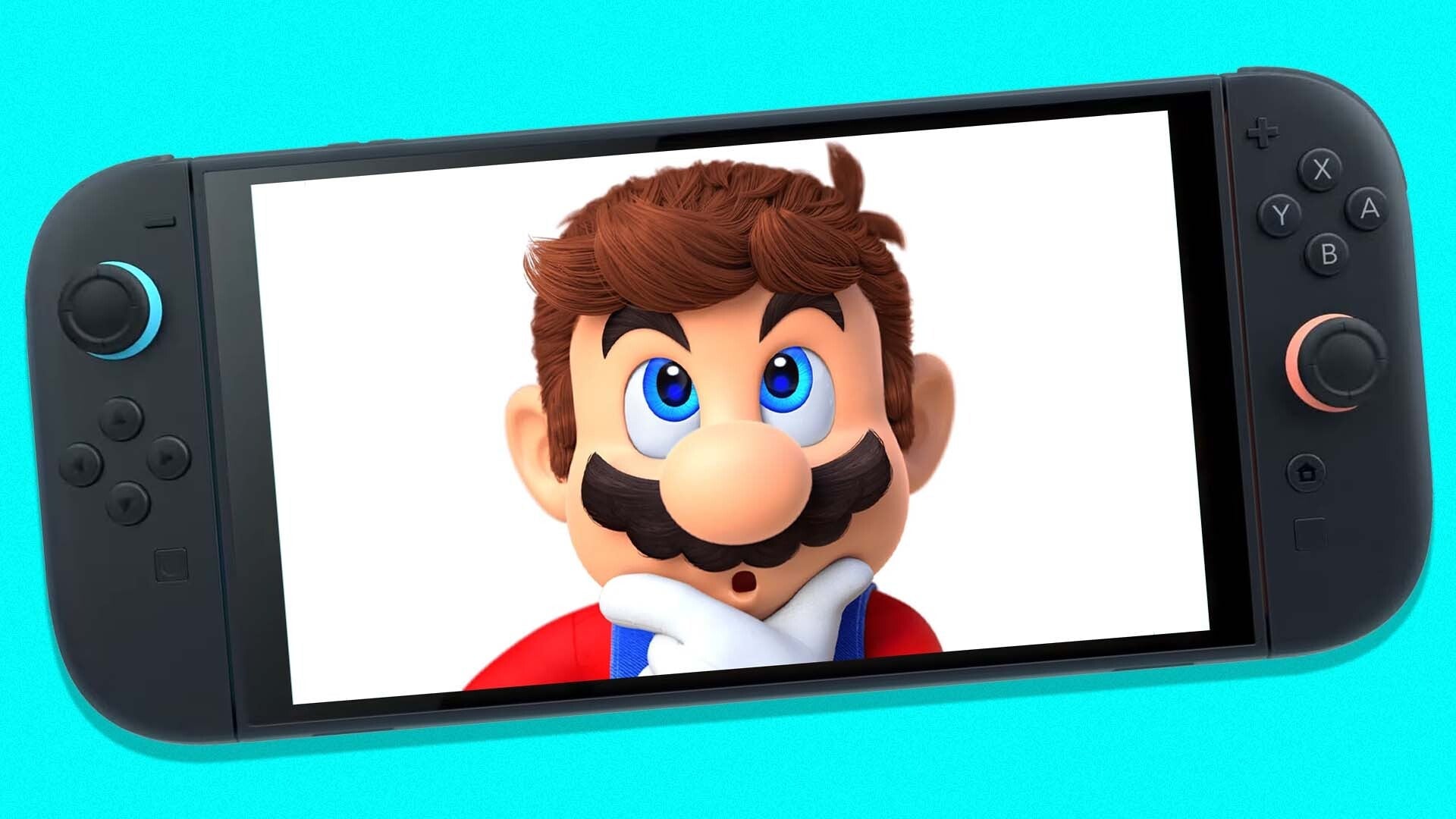 Mario scratches his chin inside a Switch 2.