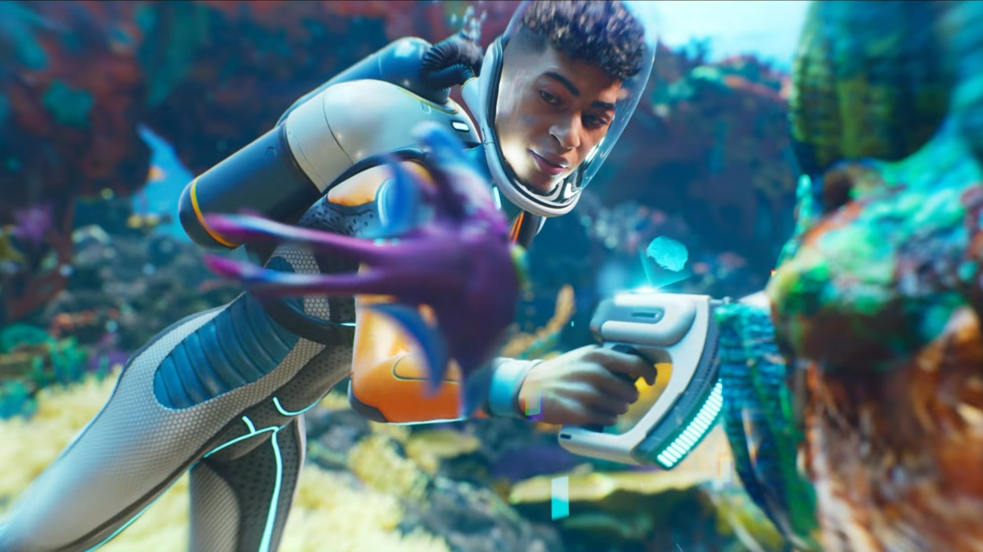 A diver is under the water.