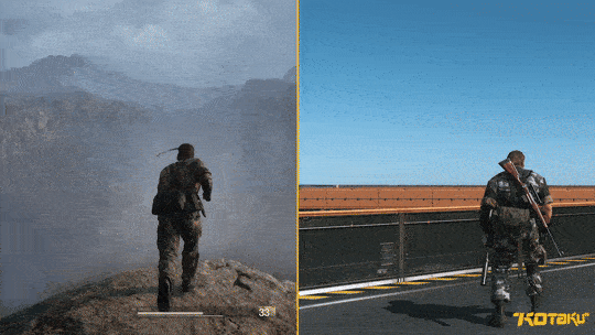 A side-by-side gif shows Naked Snake and Venom Snake firing a pistol.