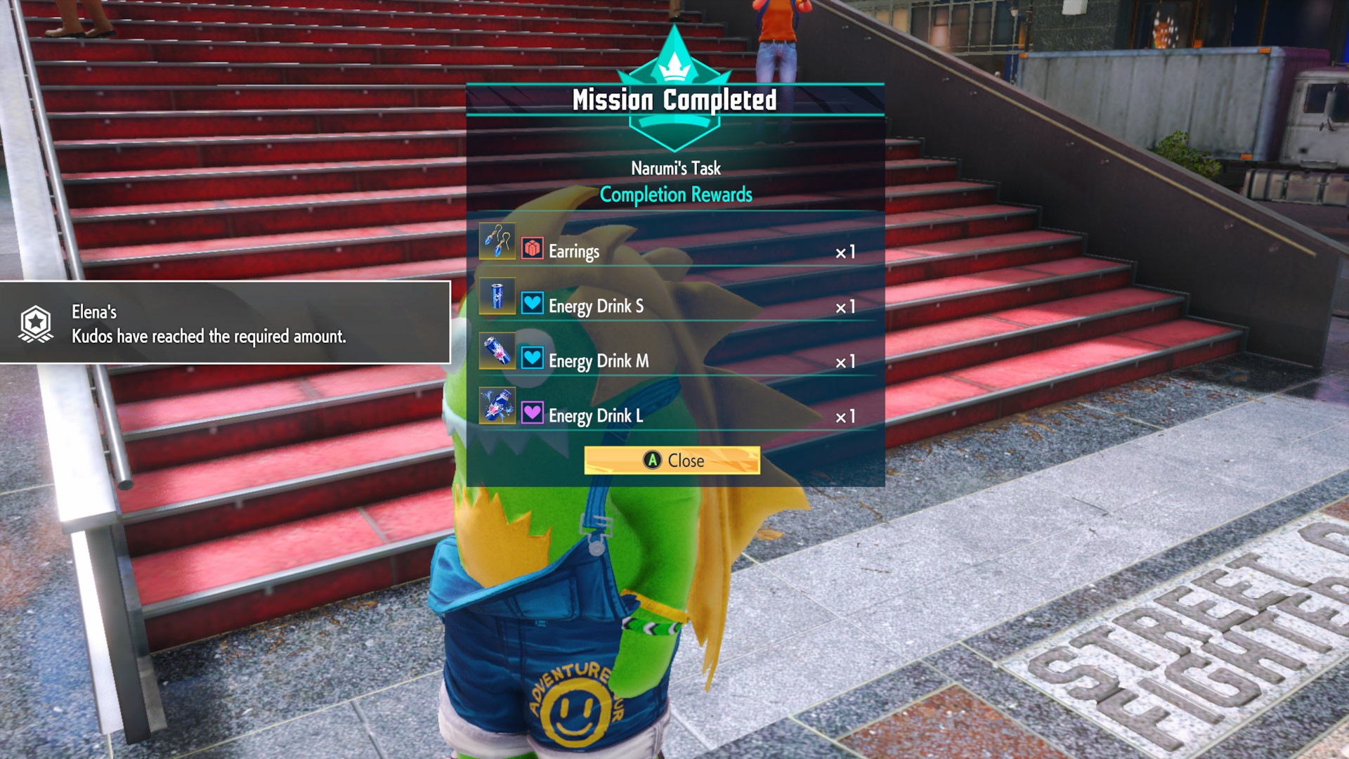 The Mission Complete pop-up for Narumi’s Task, with the Earrings gift item at the top.