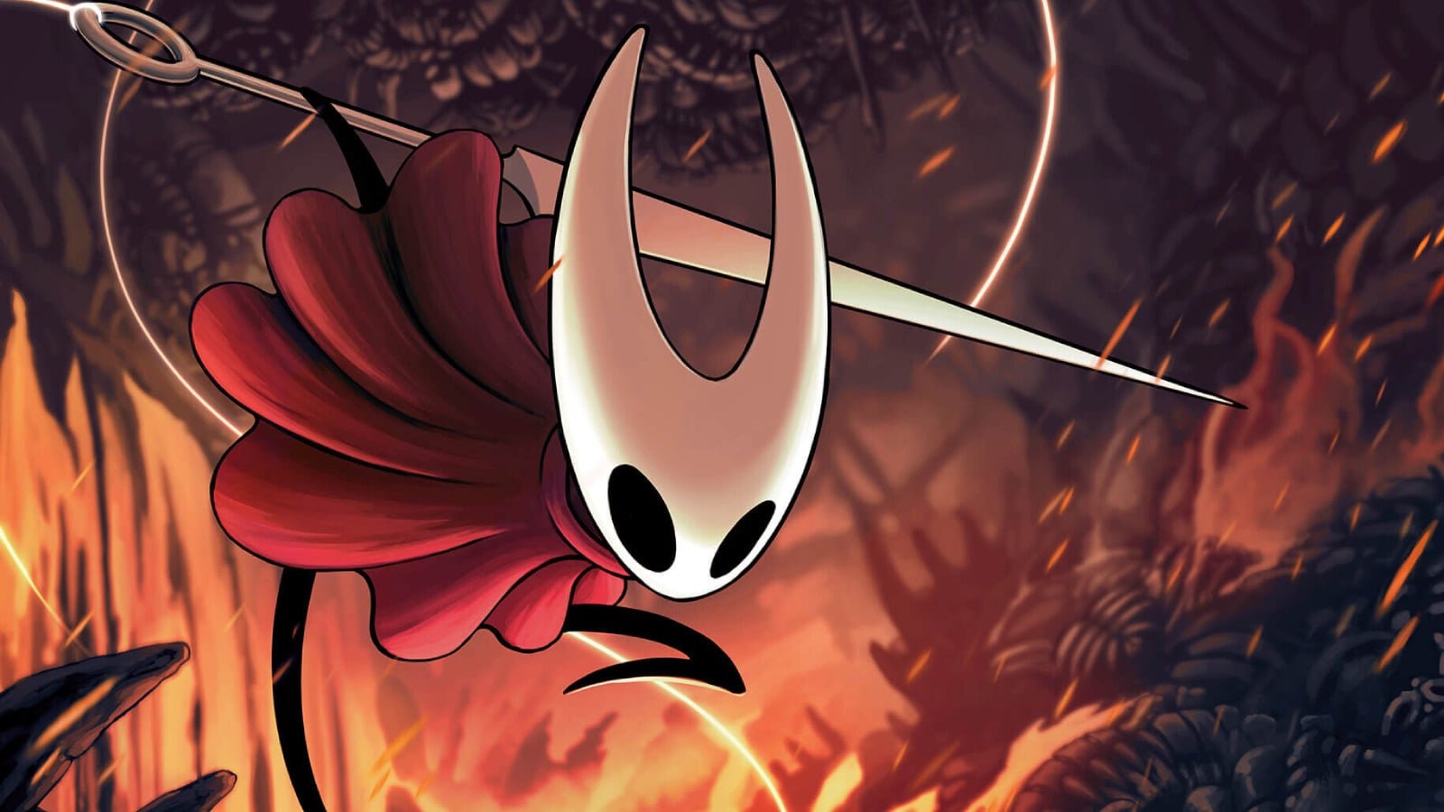 The main character of Hollow Knight Silksong jumps into a fiery light.