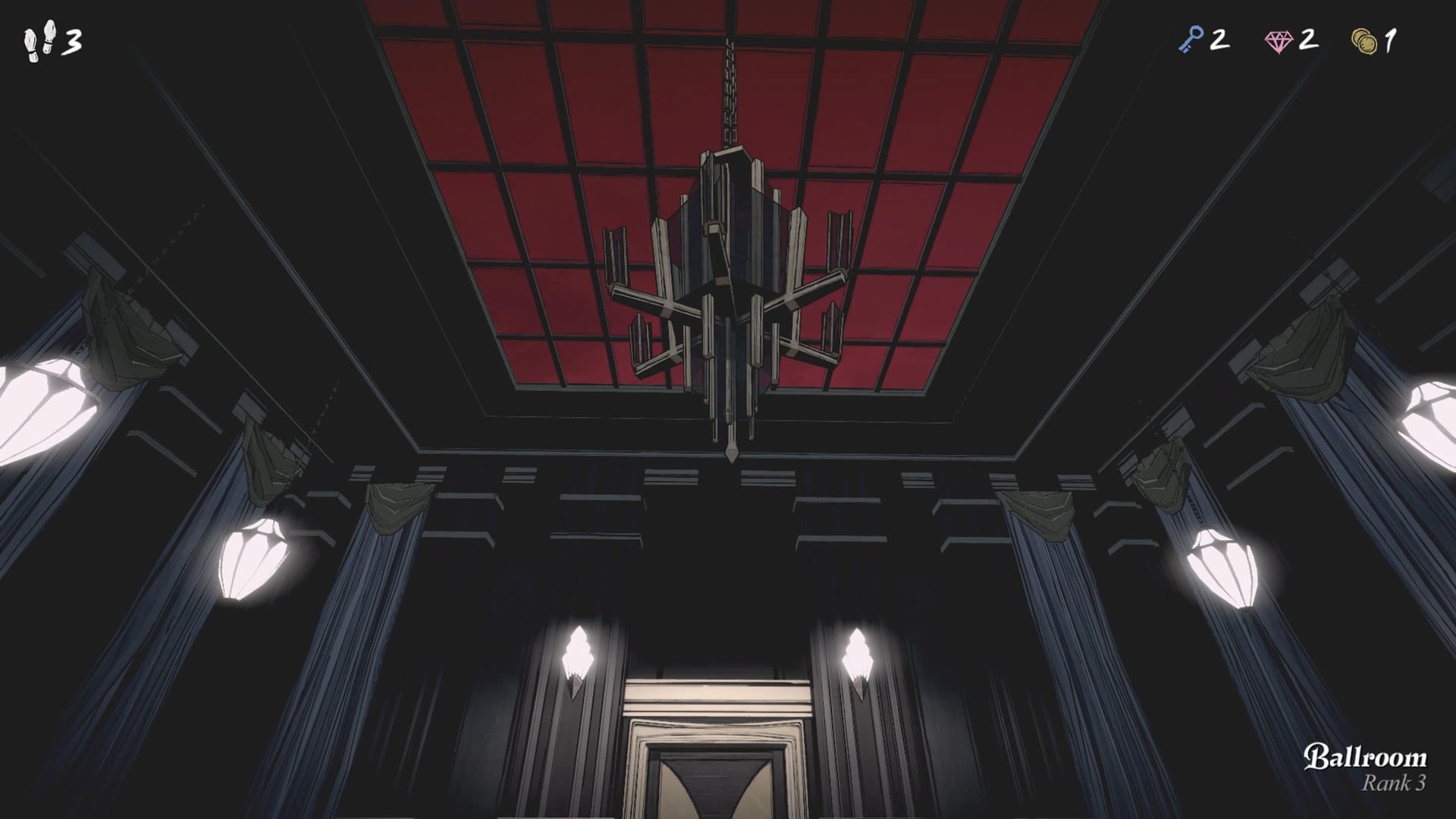 A screenshot of Blue Prince. An ornate room with a window on the roof reveals the red sky above.
