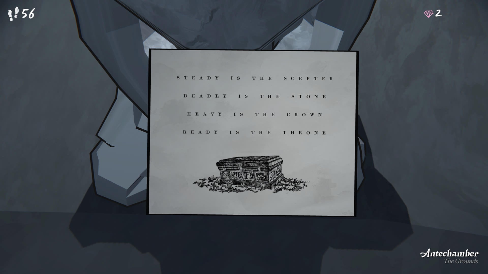 A screenshot from Blue Prince. A cryptic note reads“STEADY IS THE SCEPTER DEADLY IS THE STONE HEAVY IS THE CROWN READY IS THE THRONE”