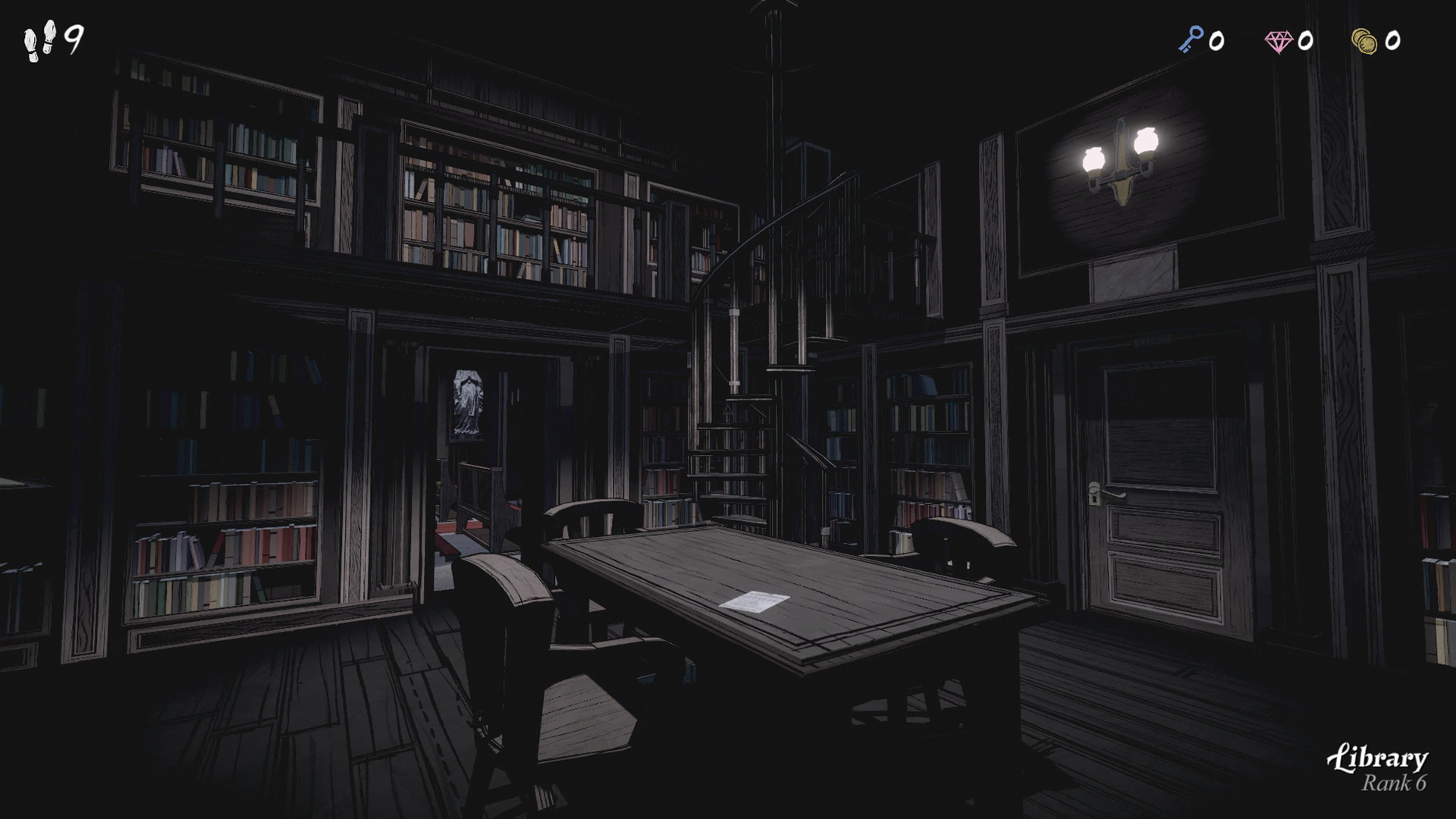 A screenshot of the Library in Blue Prince. The room is darker as a result of being in Curse Mode.