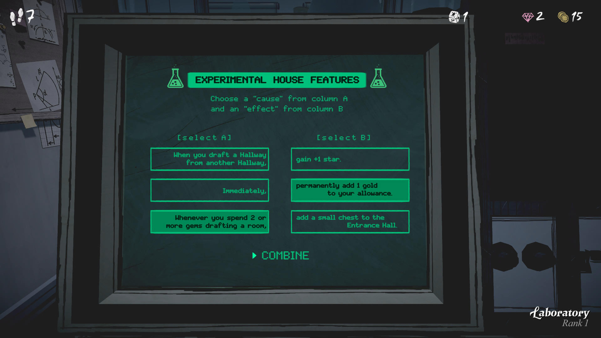 A screenshot of the Laboratory computer in Blue Prince. The experiment effect shown is “Whenever you spend 2 or more gems drafting a room, permanently add 1 gold to your allowance.”