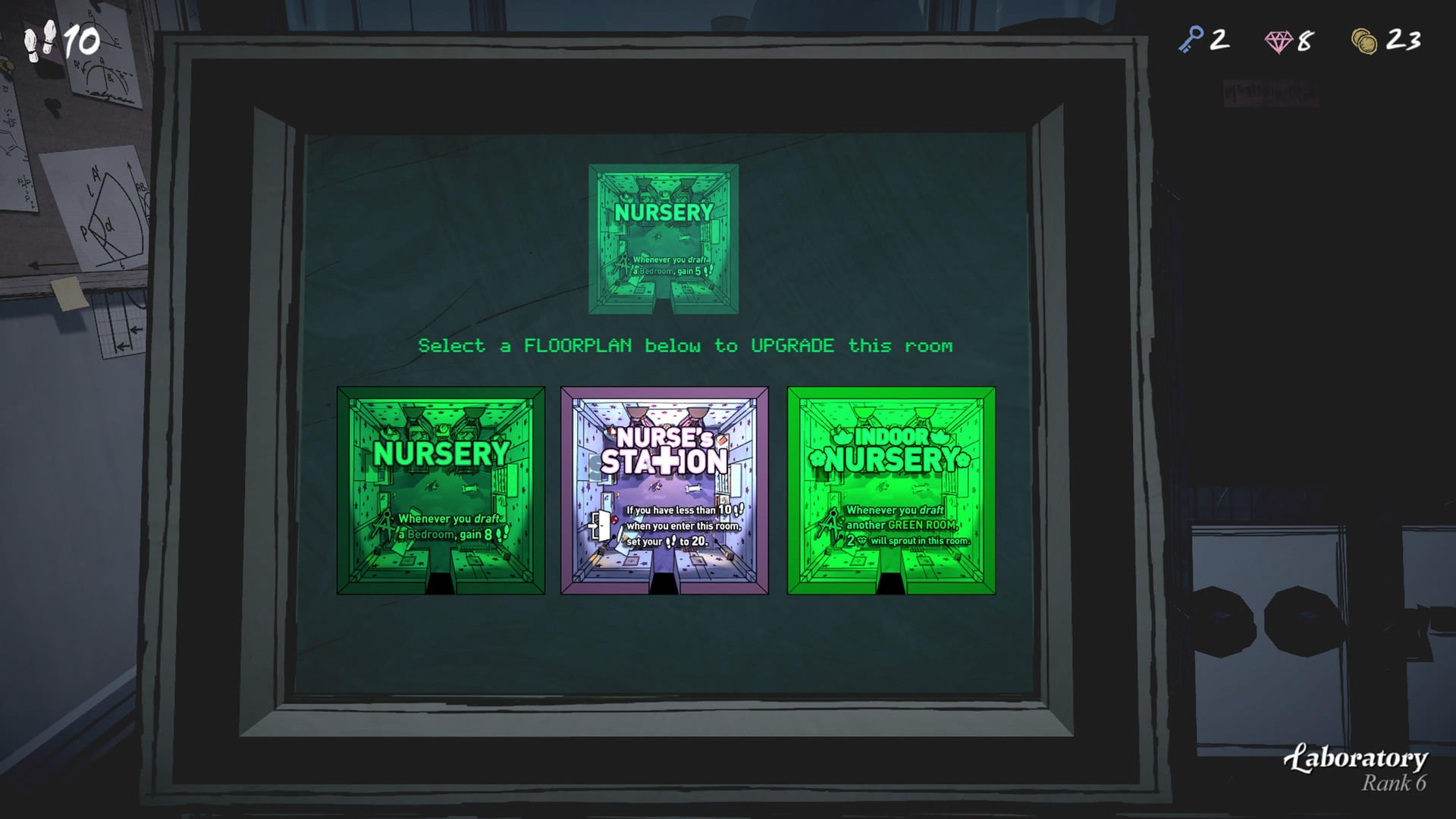 A screenshot of an Upgrade Disk being used in Blue Prince. The Nursery is being upgraded to the Nurse’s Station room.