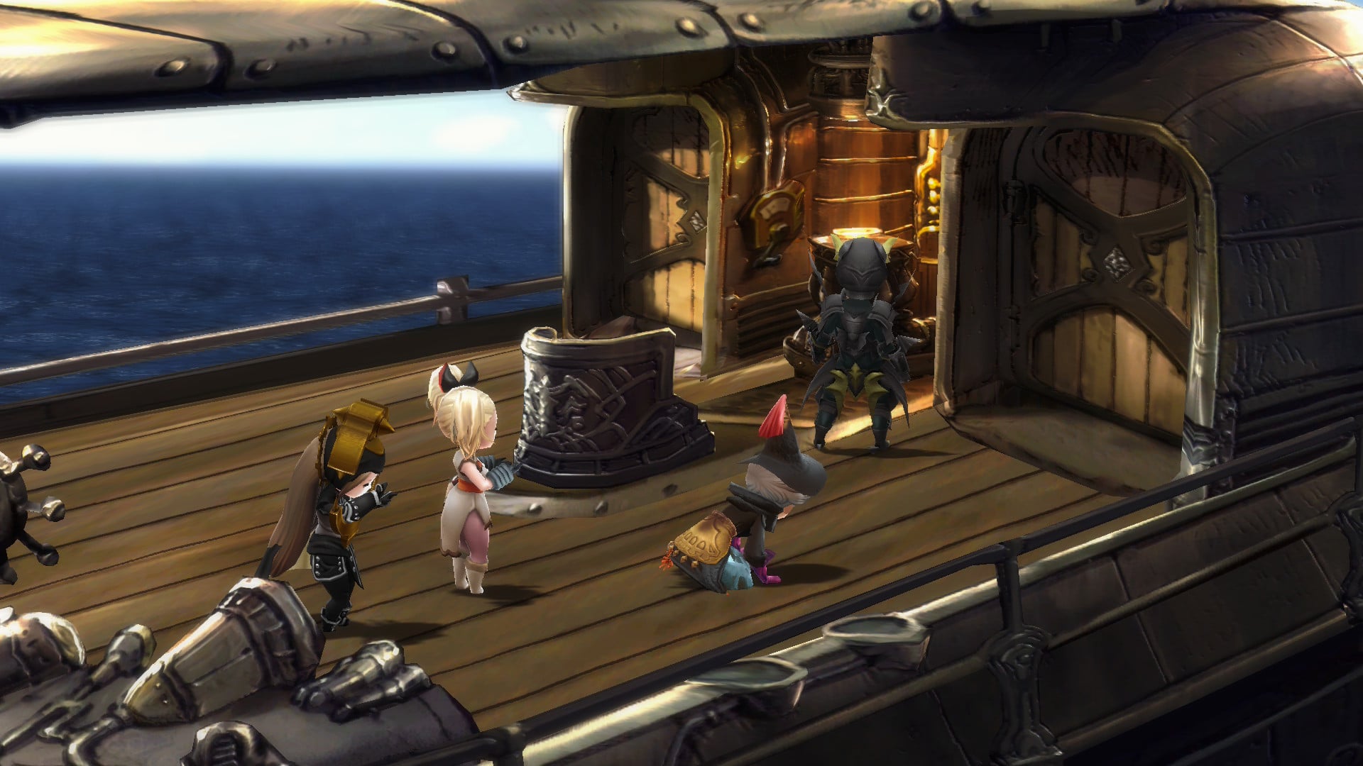A screenshot of Bravely Default for the Nintendo Switch 2. Tiz, Agnès, and Edea are looking at a Black Knight who has boarded their ship.