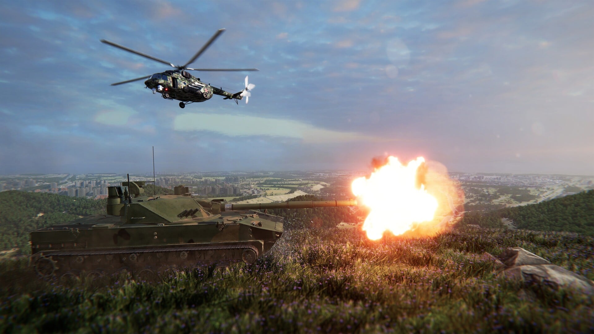 A tank atop a hill firing at unseen enemies in Broken Arrow.