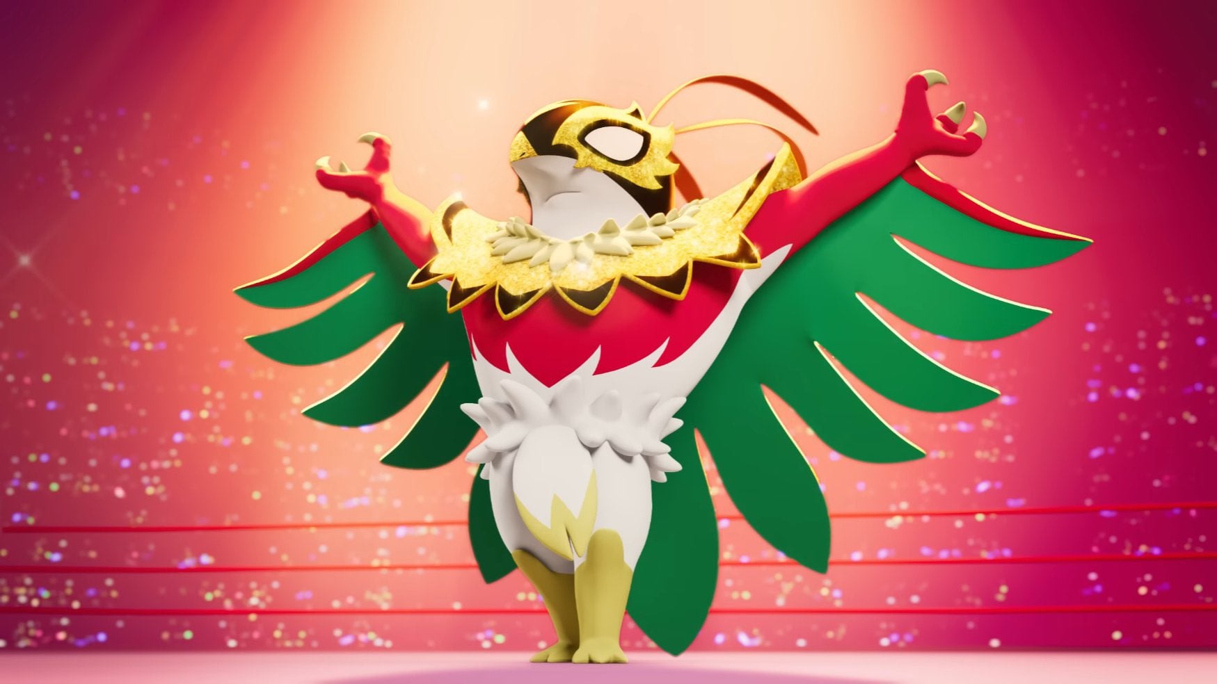 Mega Hawlucha poses in a ring.