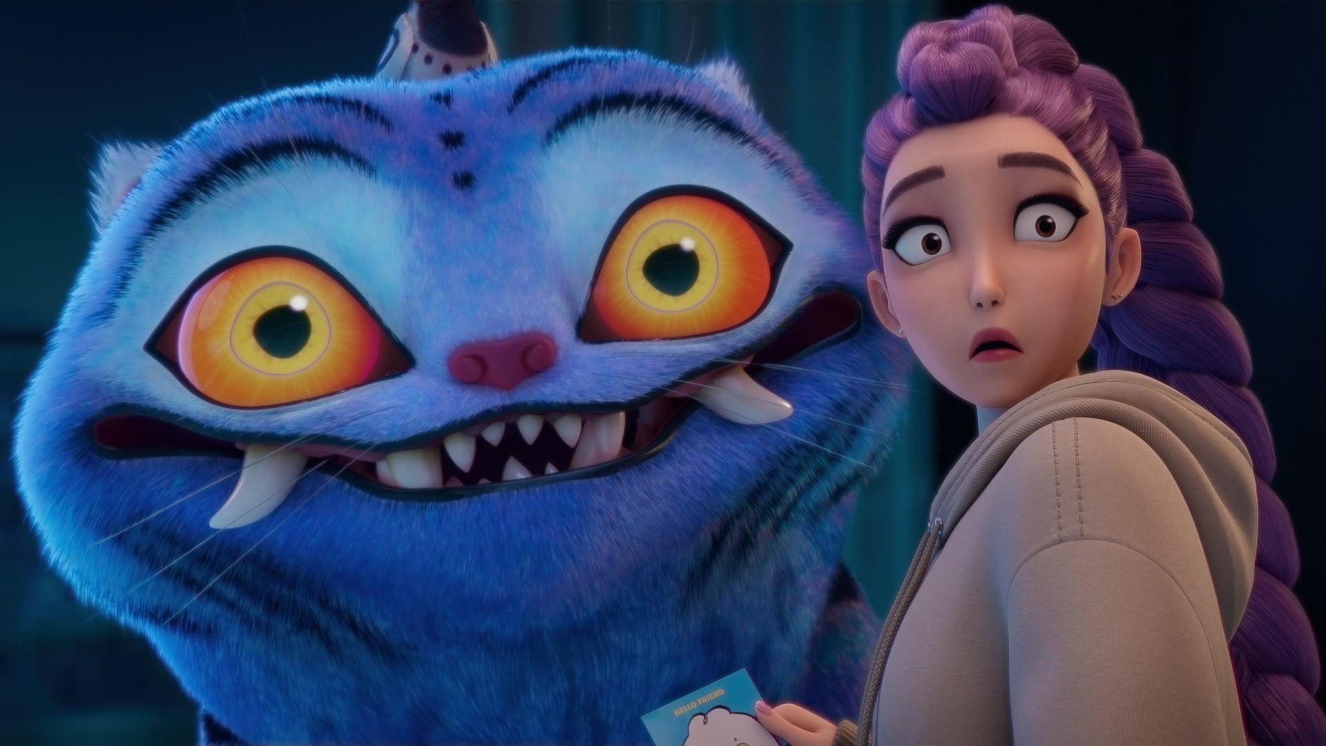 Rumi looks surprised at something behind her next to a giant tiger.