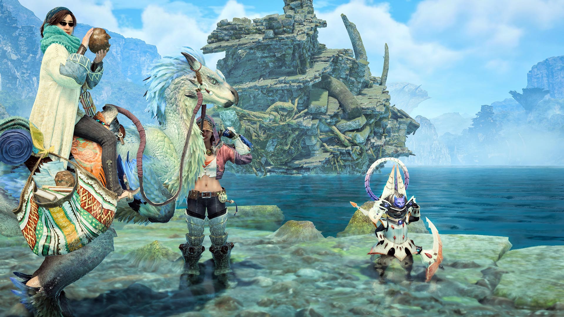 Alma and her Seikret block a Hunter posing with their Palico.