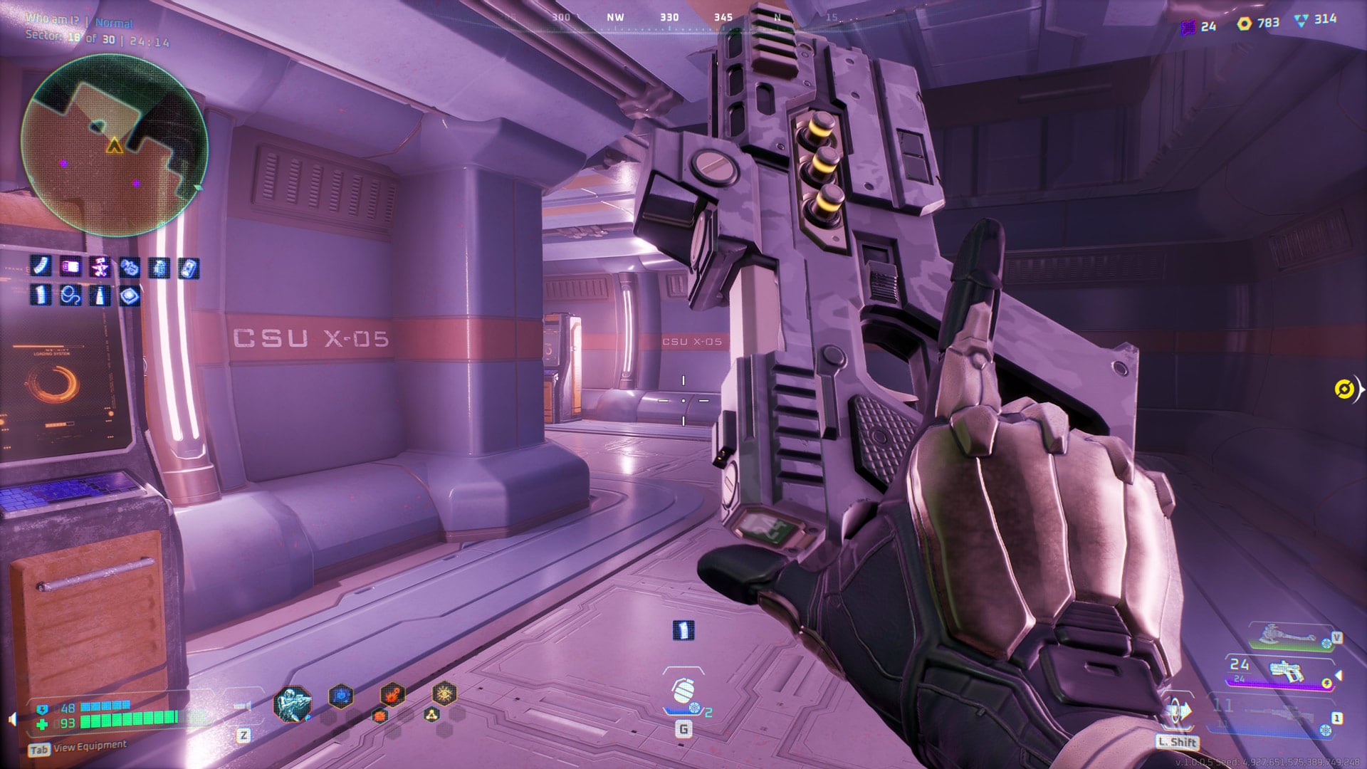 The protagonist looks at their gun.