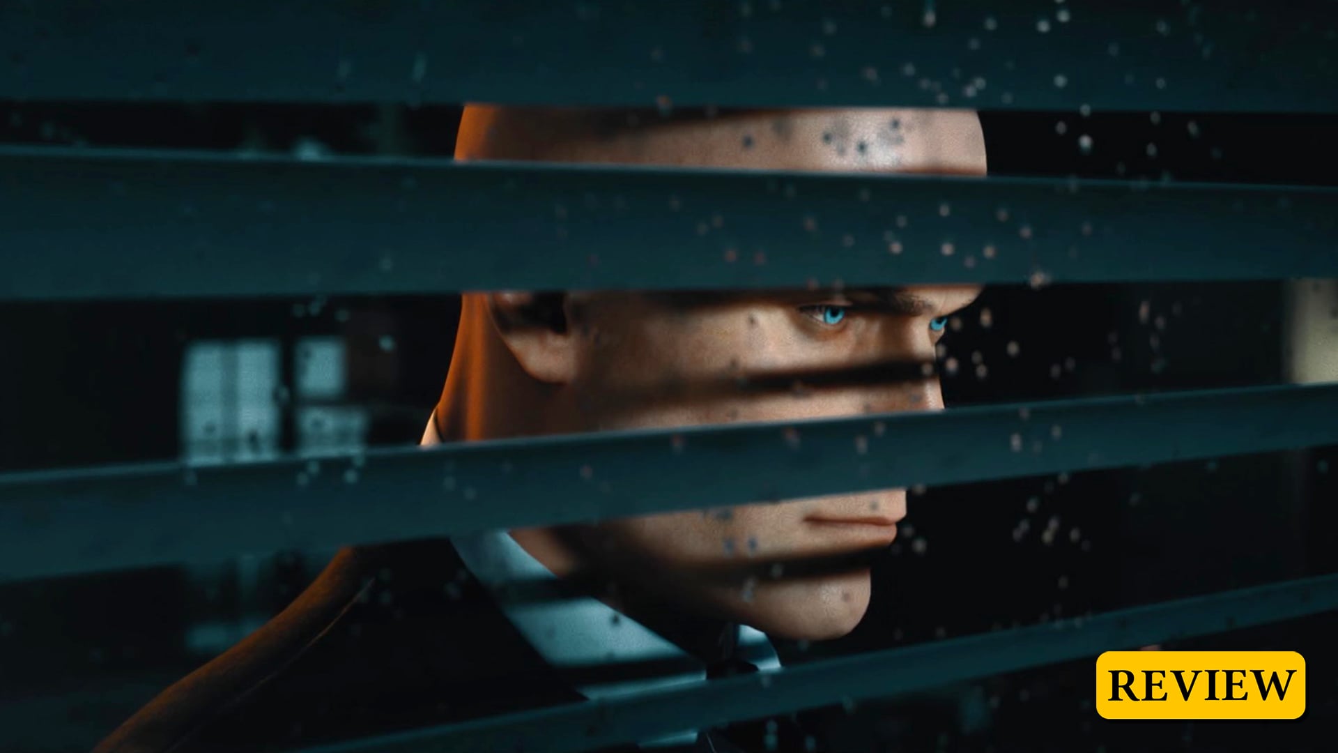 Agent 47 peers through window blinders at his target.