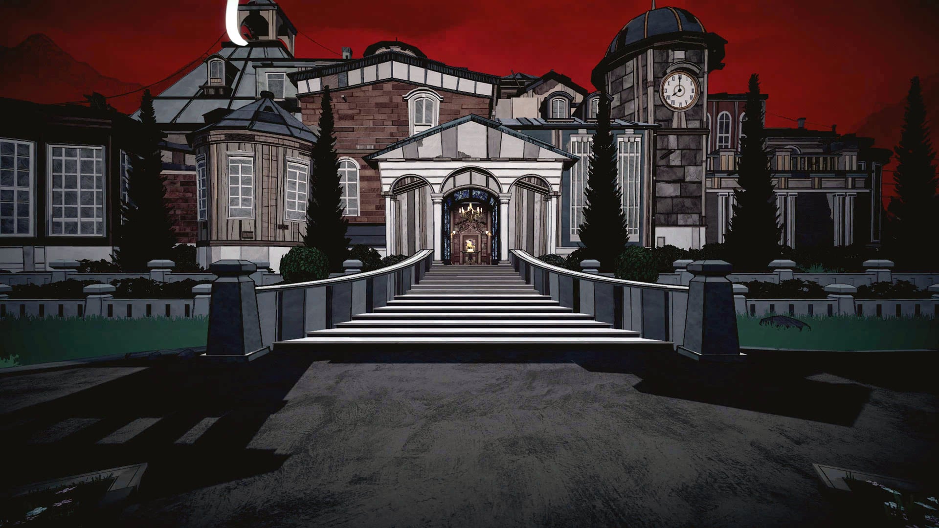 A screenshot from Blue Prince in Curse Mode. Mt. Holly Manor is shown with ominous red clouds hanging overhead.