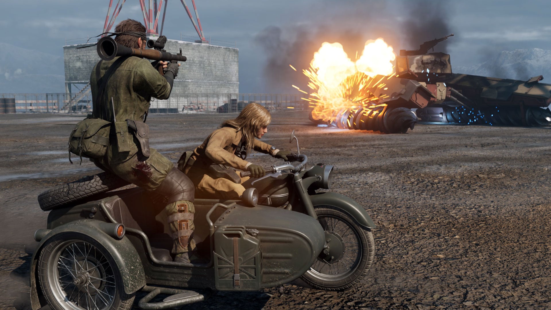 Snake fires off a rocket-propelled grenade at the Volgin while riding in Eva's motorcycle.