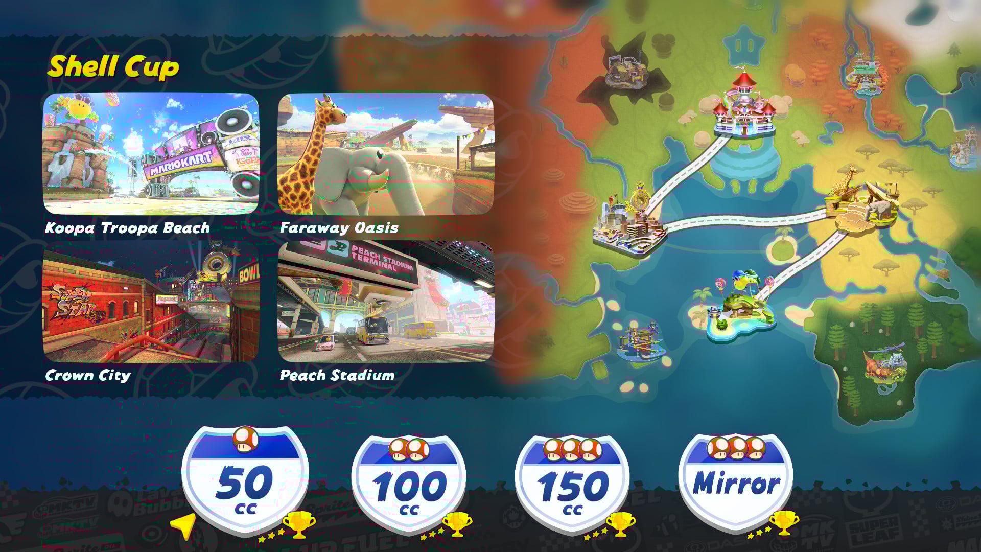A screenshot of Mario Kart World. The Shell Cup is shown as being selected in the Gran Prix mode, and three stars are visible next to the 50cc, 100cc, 150cc, and Mirror modes.