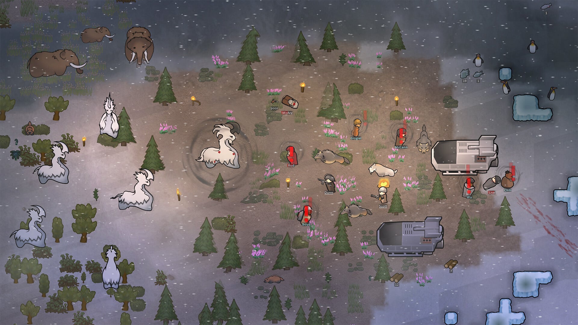A fight between pawns and alpha animals in RimWorld.
