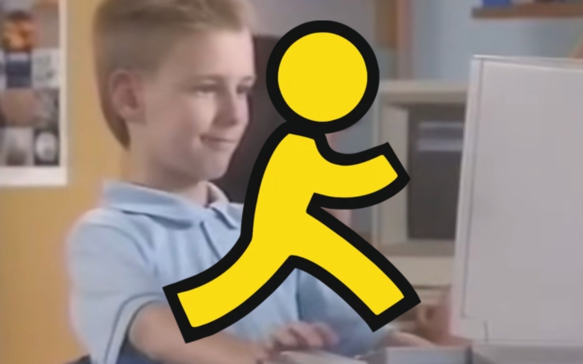 A '90s kid on a computer with the AOL yellow guy logo over the image.
