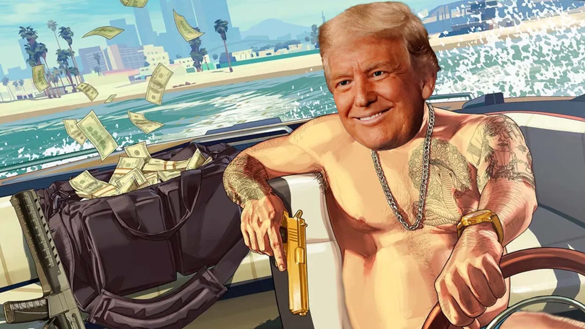 Trump appears in a boat with a bag of cash.