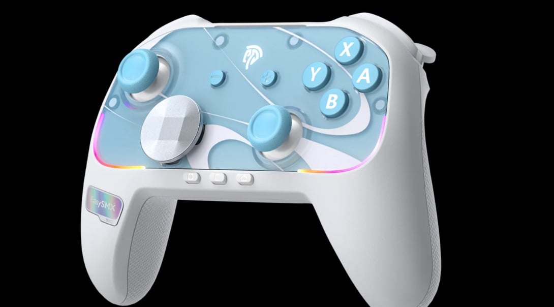 A controller sits in front of a black background. 