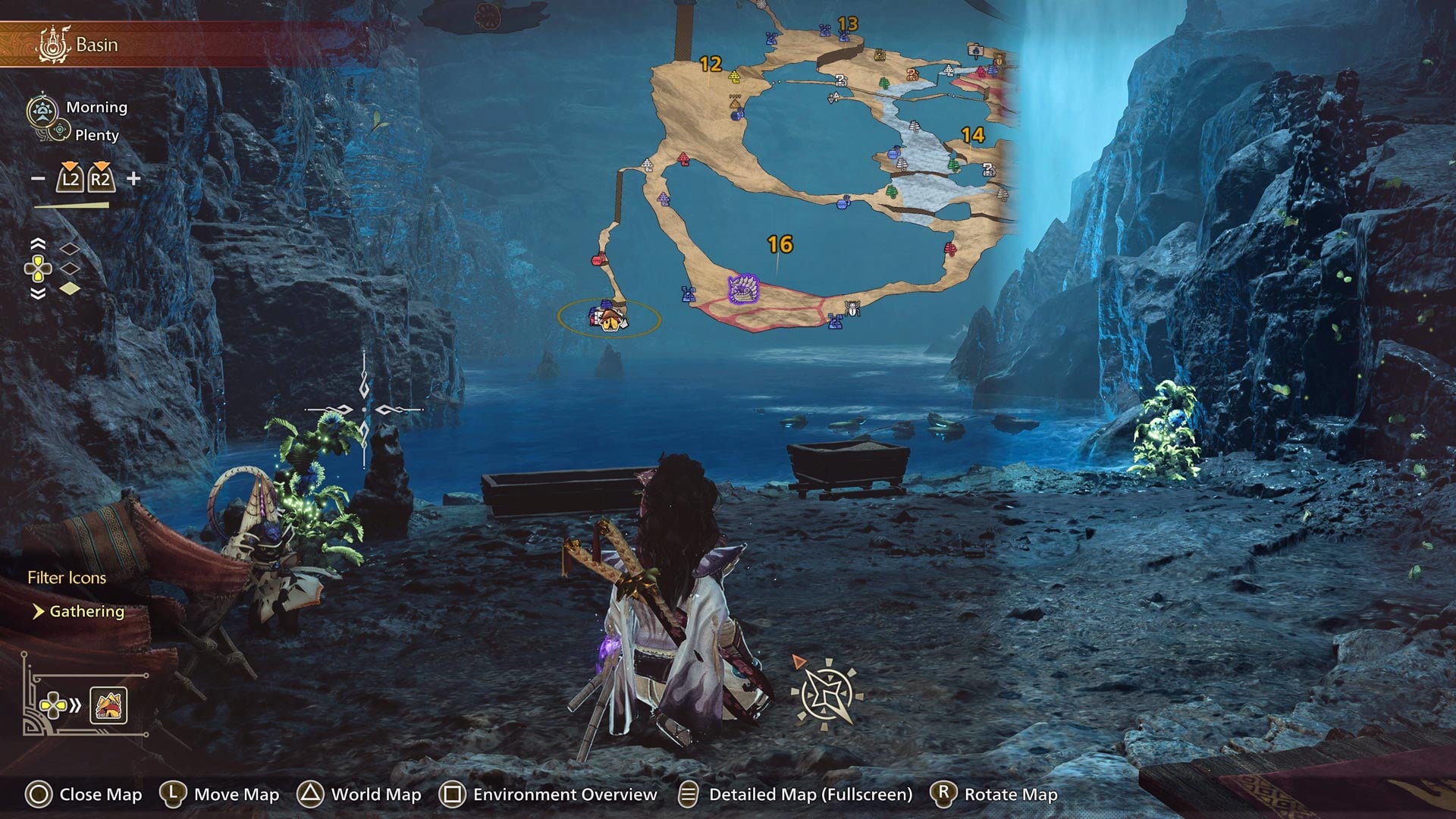 A hunter and their Palico crouch at a campsite next to a small stream with fish.