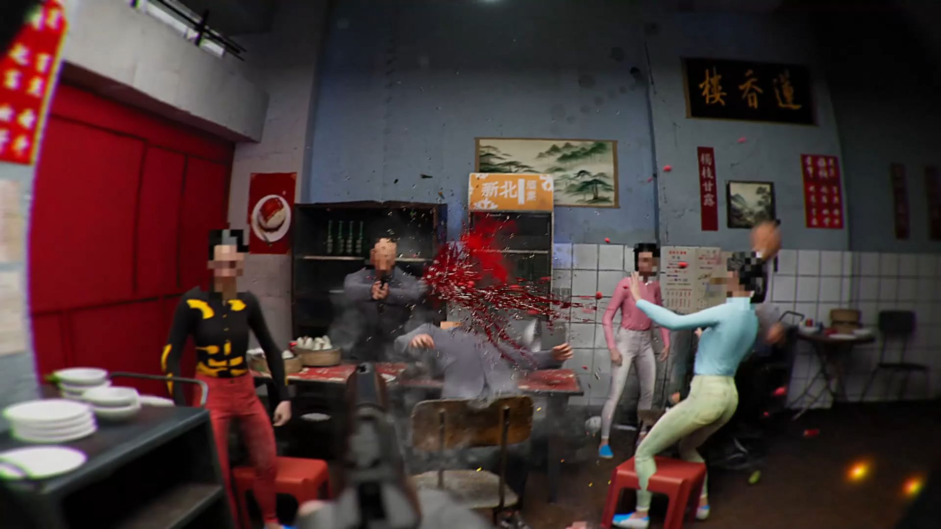 A group of people at a table are shot at.