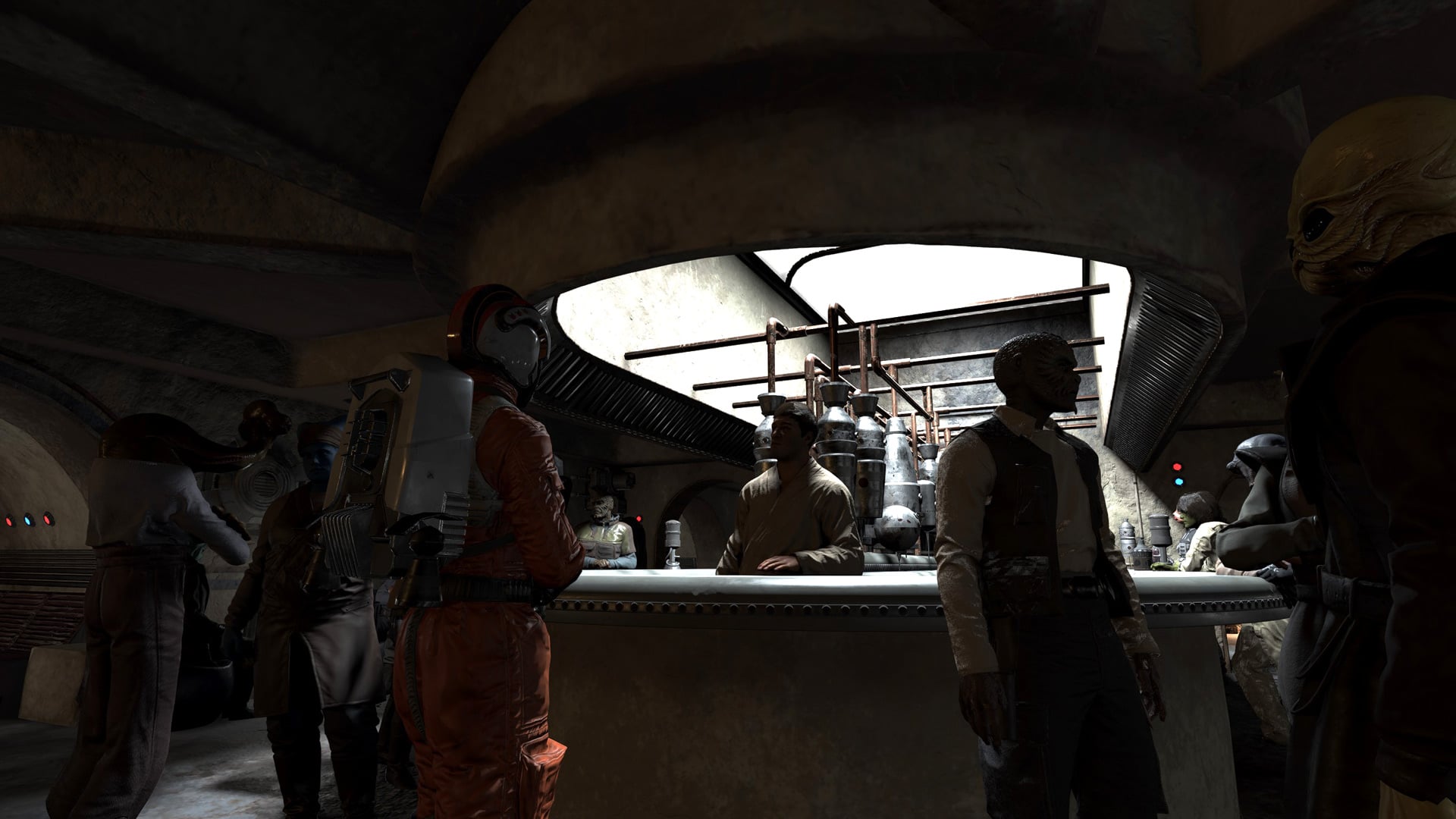 A Rebel pilot orders a drink at a bar.