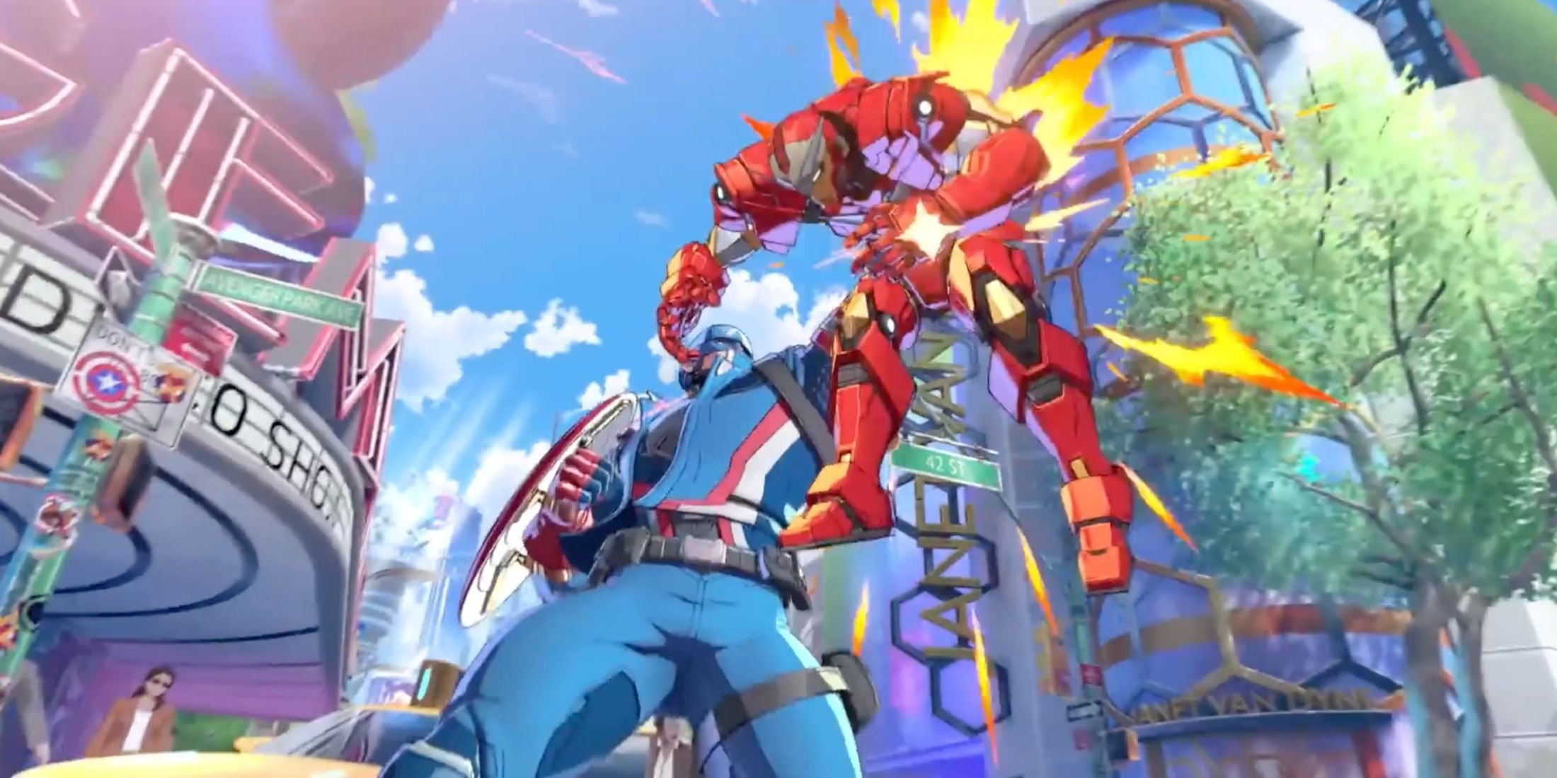 Captain America gives Iron Man a punch to the gut.