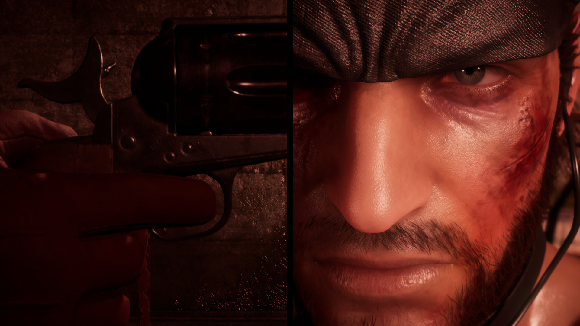 A cutscene shows a scene split in half, with a revolver on one side and Snake's face on the other.