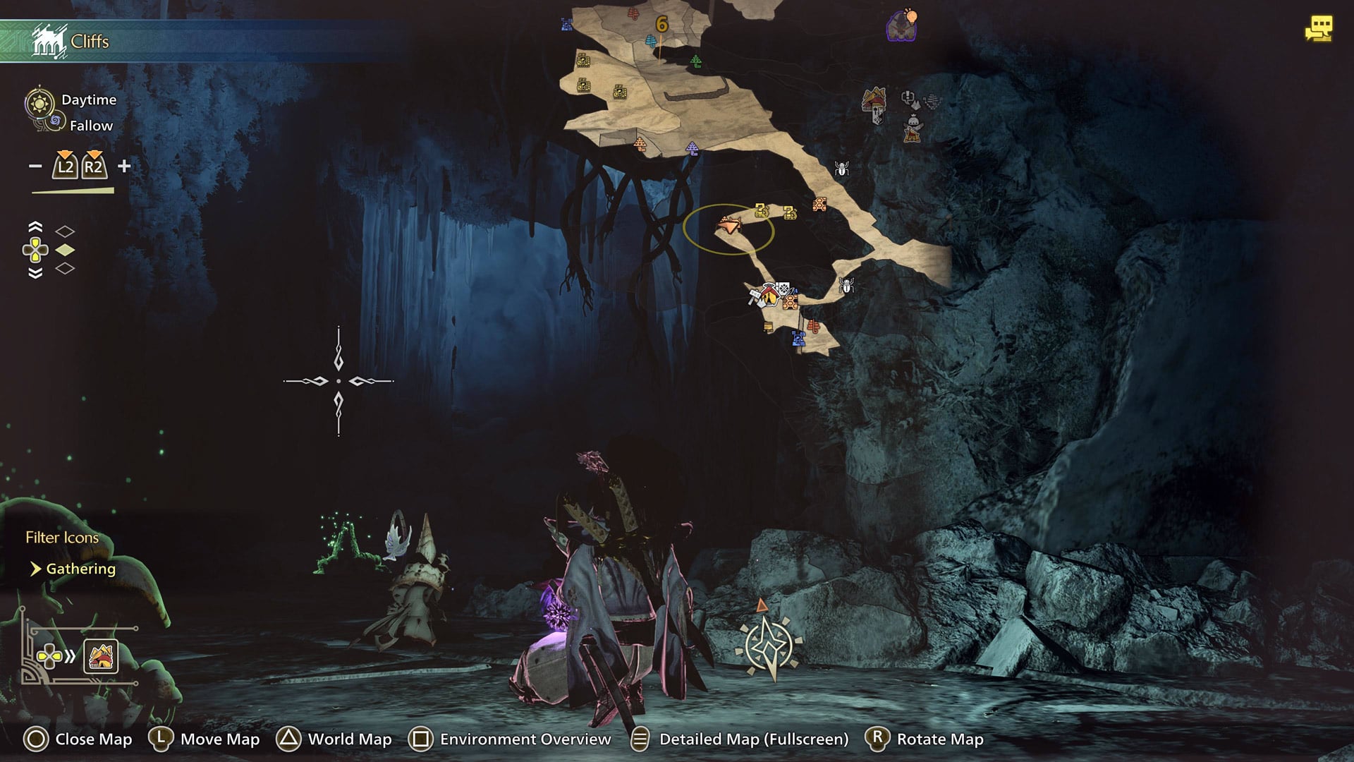 Both a hunter and a Palico crouch inside a dark cave ahead of a camp in the Iceshard Cliffs map.