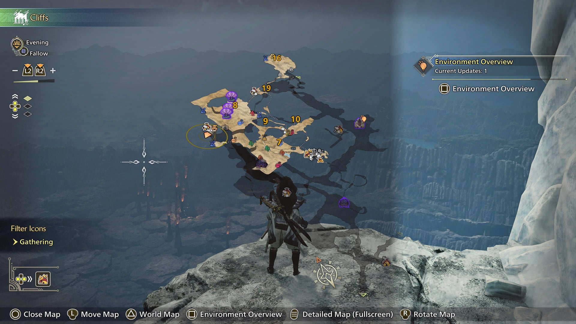 Situated on the side of the Iceshard Cliffs’ map, a hunter looks over the Forbidden Lands from a cliff.